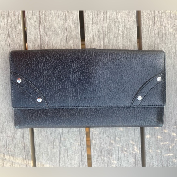 Burberry Leather Long Wallet🖤BLACK🖤Embossed/Bifold+envelope pouch🔥made🇮🇹EUC - Picture 4 of 16